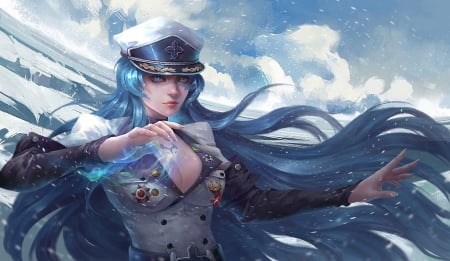 Fantasy girl - cloud, mu junqi, wind, frumusete, blue, white, fantasy, hat, hand, luminos