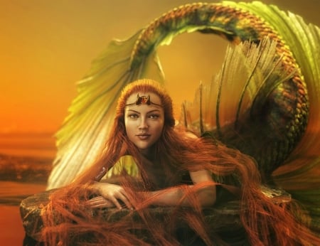 Redhead Mermaid - fantasy, mermaid, red, woman