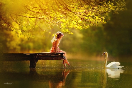 Autumn tranquility - kid, pond, swan, beautiful, tranquil, girl, reflection, autumn, lake, foliage