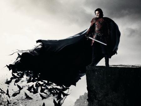 Dracula Untold - movie, vlad tepes, vampire, fantasy, black, poster, luke evans, man, actor, bat, sword