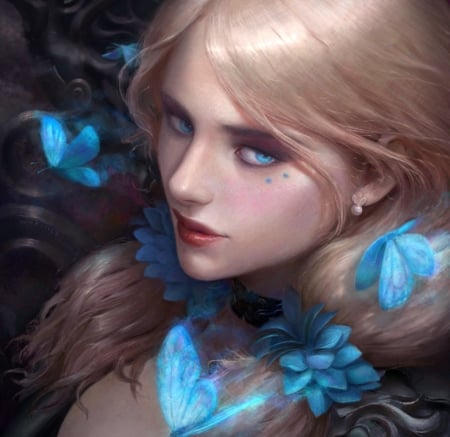 Alice - girl, eyes, frumusete, mario vazquez, fantasy, face, alice, art, butterfly, luminos, blue, blonde, fluture