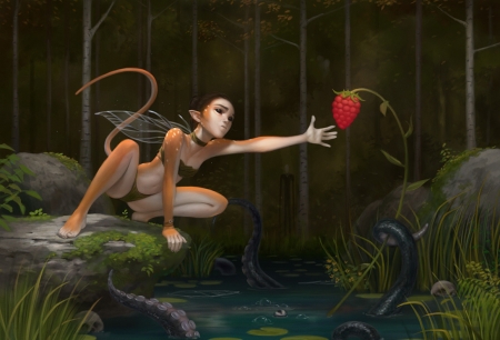 Fairy - strawberry, girl, mario vazquez, fantasy, fruit, forest, dark, red, fairy