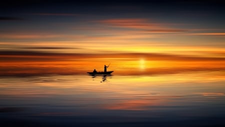 Sunset - fishermen, silhouette, sunset, boat