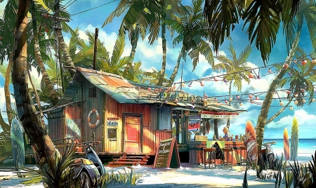 Beach - beach, drawing, palm tree, store