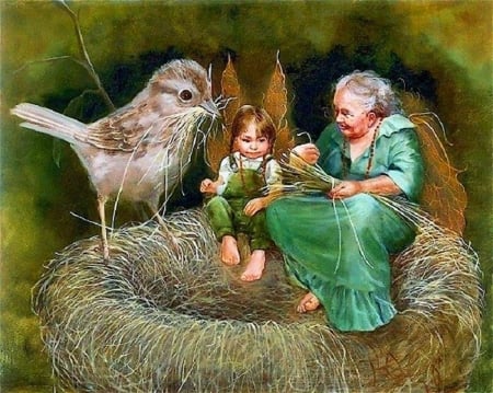 fantasy family - bird, fantasy, kid, grandma