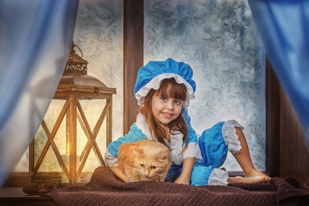 Little Girl - Window, Girl, Lantern, Winter, Cap