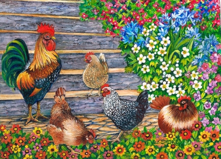 Stepping out - painting, poultry, rooster, hens, artwork, flowers