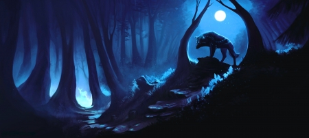 Blue Night - moon, trees, wolf, forest, art