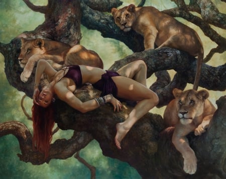 girl and lions - girl, fantasy, lion, sexy