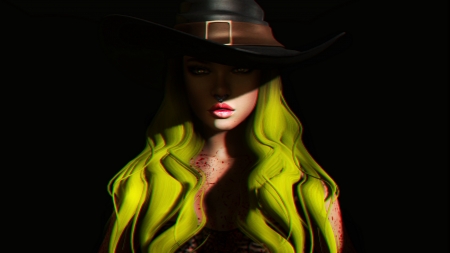 Witch - witch, girl, hat, lasso, green, fantasy