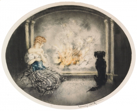 Cinderella - caine, painting, art, dog, louis icart, cinderella, pictura, fire