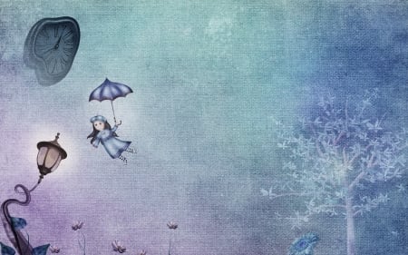 :-) - blue, girl, flying, clock, darkmoon1968, tree, fantasy, umbrella, green