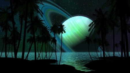 :-) - water, summer, saturn, planet, sea, silhouette, night, black, fantasy, green, vara, luminos, palm tree