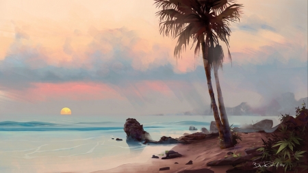 Sunset - water, summer, beach, sea, pictura, sunset, painting, ilya benkin, art, vara, palm tree