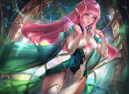 Fantasy girl - fantasy, pink, sakimichan, luminos, girl, frumusete, green