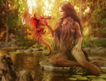 Lady of the Lake - lady of the lake, girl, luminos, red, dragon, shibashake, fantasy