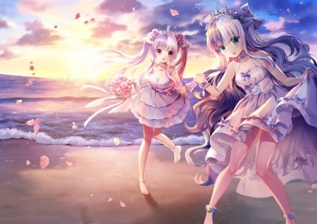 :-) - bride, anime, summer, blue, beach, dress, girl, sea, flower, pink, manga