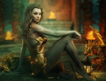 Golden dragons - shibashake, fantasy, dragon, girl, golden, luminos