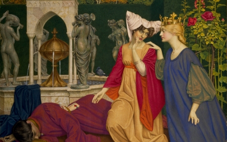 The substitution of the letter - joseph edward southall, sleep, yellow, red, painting, girl, man, art