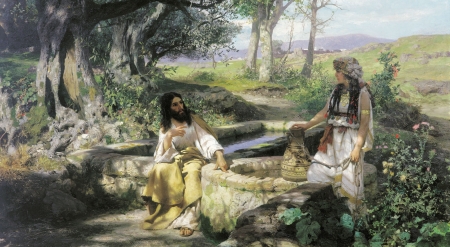 Christ and the samaritan woman - henri semiradzki, christ, garden, painting, man, art, samaritan woman