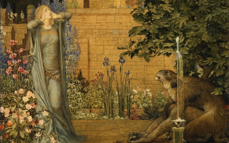 Beauty and the beast - beauty, painting, art, girl, beast, joseph edward southall, garden