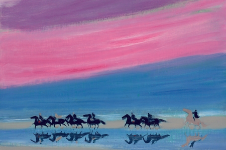 Reflection of riders - silhouette, beach, sky, vara, andre brasilier, water, summer, painting, art, horse, reflection, pink, blue, sea, rider