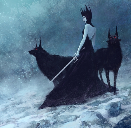 Snow Queen - snow queen, winter, black, fantasy, alexander forssberg, art, dog, blue, dress