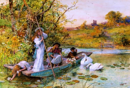 On the lake - painting, swan, arthur hughes, lake, girl, water, boat, bird