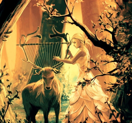 Feral strings - aquasixio, art, girl, luminos, orange, deer, fantasy, horns