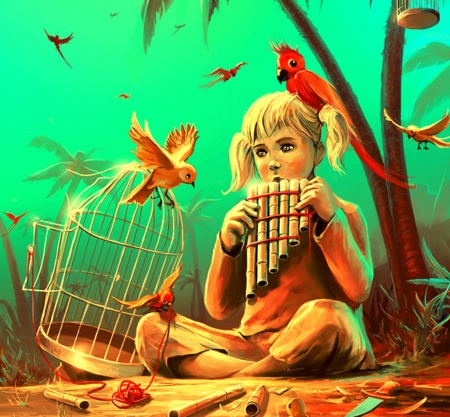 Set them free - girl, instrument, palm, fantasy, bird, cage, aquasixio, art, parrot, luminos, orange, green, tree