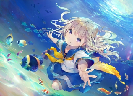 :-) - anime, water, yellow, summer, blue, girl, manga, fish, vara