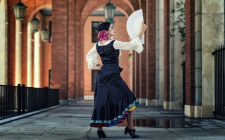 Flamenco dancer - hand fan, dancer, girl, flower, pink, black, white, woman, flamenco