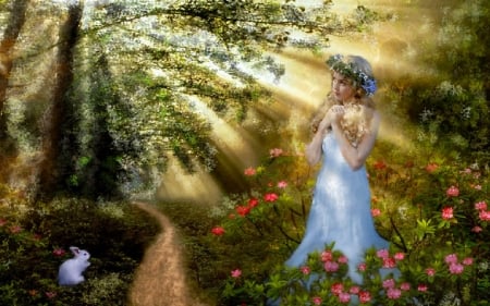 Rays of the Sun - pretty, beautiful, girl, forest, fantasy, digital, woman, art, sun, animals