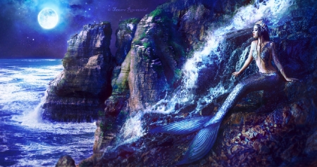 Mermaid Cliffs - pretty, blue, beautiful, girl, fantasy, siren, mermaid, digital, woman, art, wallpaper