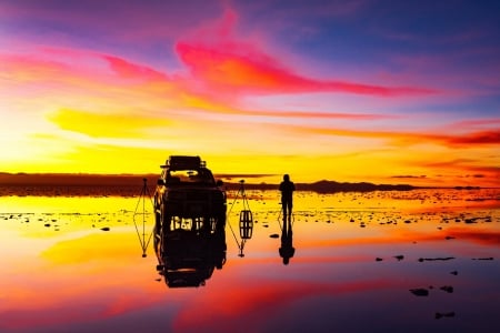 Sunrise - horizon, people, car, sunrise, sea