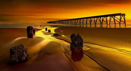 Sunset Pier - sky, beach, clouds, colors, sea