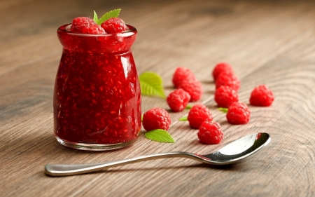 Raspberries - pot, spoon, wooden, table, raspberries