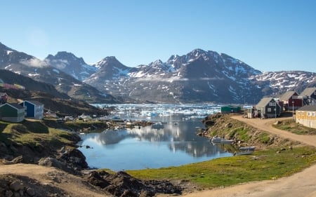 Summer in Greenland - summer, Greenland, road, lake, houses, mountains