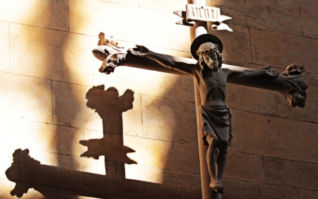 Crucifix - cross, jesus, brown, crucifix, wall, shadow