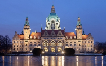 New Town Hall in Hannover - Germany, town hall, Hannover, dusk, reflection, building