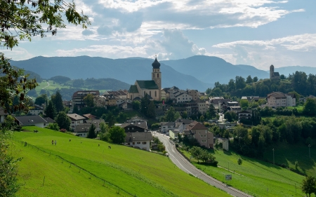 Village in Italy - village, Italy, road, grass, houses, mountains, church