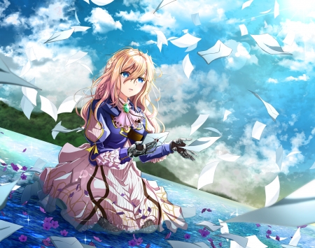 Violet - sky, lake, pretty, girl, anime, long hair, violet, manga