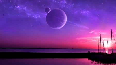 Fantasy - moon, water, blue, saturn, planet, pink, fantasy, ilsur gareev, sky, luminos, luna