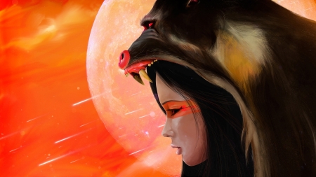 Monkey girl - moon, maimuta, girl, xavier cuenca, mandrill, orange, monkey, fantasy, art, luminos, luna