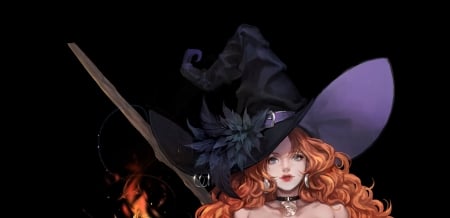 Witch - hat, girl, ma ho, witch, black, frumusete, fantasy, redhead, halloween