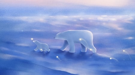 Polar bears - guihuahuzi, winter, iarna, mother, polar bear, blue, white, cub, fantasy, ice, luminos