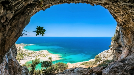 View of Turquoise Sea from Cave - turquoise, view, cave, sea