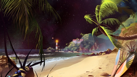 Lighthouse - beach, lighthouse, palm trees, art