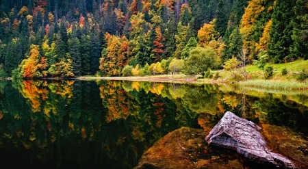 Colorful autumn reflections - trees, hills, beautiful, tranquil, forest, mountain, fall, colorful, mirror, serenity, lake