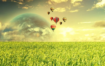 â™¡ - moon, balloons, field, landscape